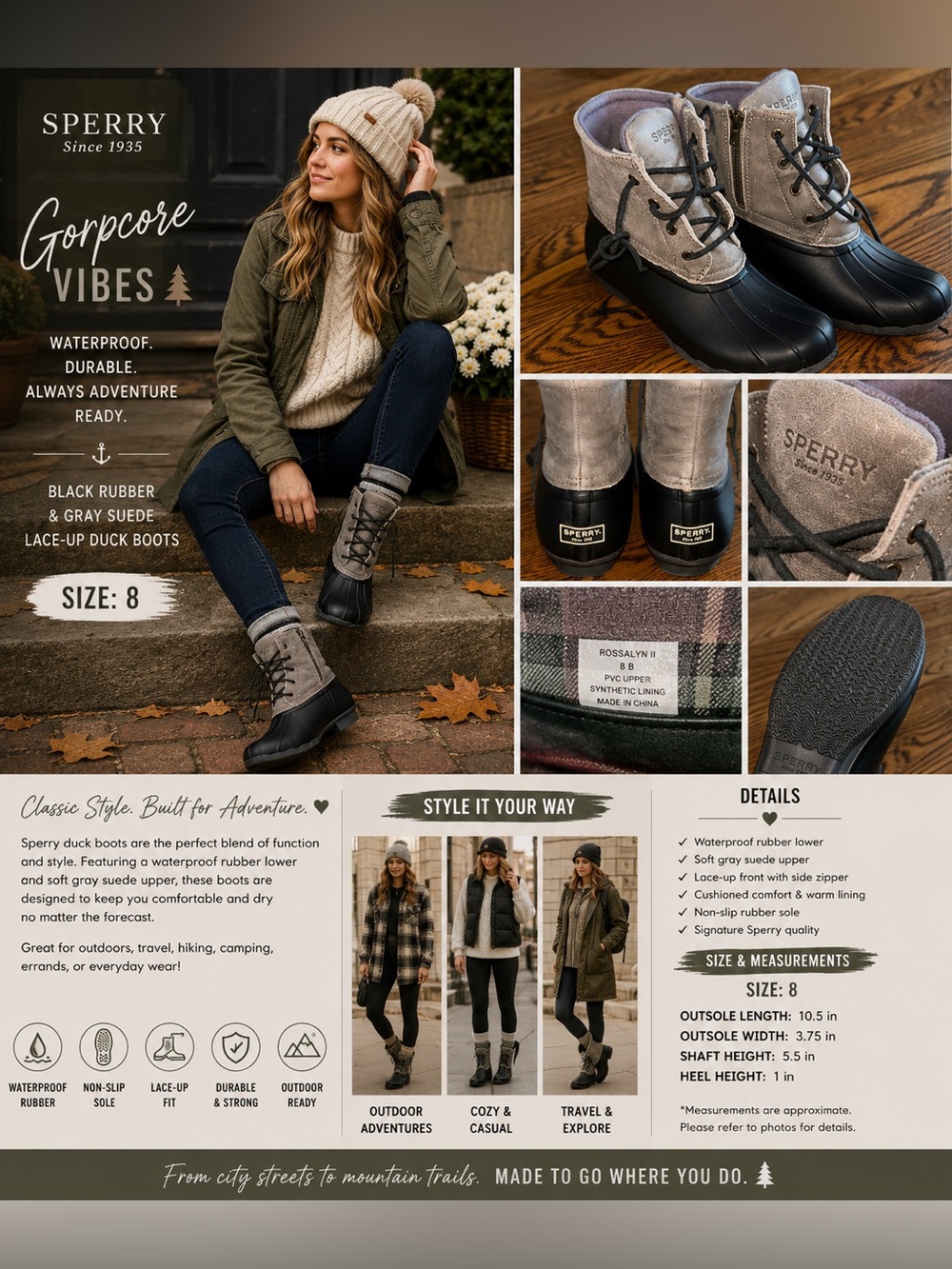 Sperry Black Rubber and Gray Suede Lace-Up Duck Boots Gorpcore Women’s Size 8